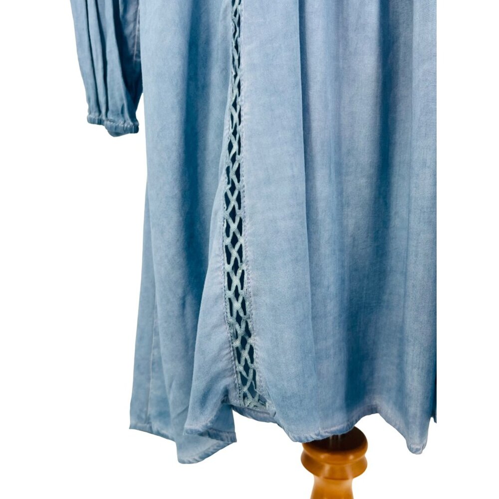 Dusty Blue Crochet Trim Relaxed Tunic Mini Shirt Dress | Coastal Cowgirl Boho S - Picture 5 of 11